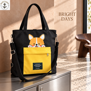 Corgi Print Canvas Diaper <b>Tote</b> <b>with</b> Yellow Front <b>Pocket</b> | Black Baby Essentials Carry <b>Bag</b> <b>with</b> Detachable Strap for Daily Travel - Product Image 4