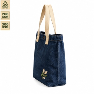 Custom Recycled Washed Denim <b>Mini</b> Tote Bag Floral Embroidery Inner Pocket Cotton Handles Wholesale Manufacturer 32x34x8cm Blue - Product Image 3