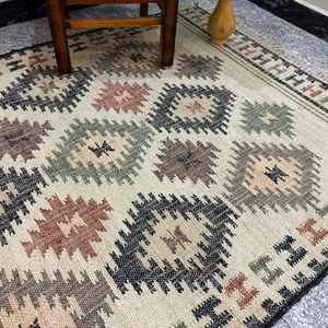 Handwoven Jute Kilim <b>Rug</b> | Geometric Pattern <b>Boho</b> Area <b>Rug</b> | Natural Fiber Rustic Floor Carpet - Product Image 3