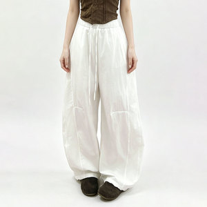 <b>Light</b> Blue Wide Leg Pants Women High Waist Drawstring Loose Fit Cotton Solid Color Casual Full Length <b>Trousers</b> - Product Image 5