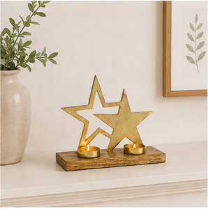 Modern Luxury Gold Aluminum Star Candle Holder Set On Rustic Wooden Base Premium <b>Christmas</b> Holiday Table Decor & Tealight Stand - Product Image 6
