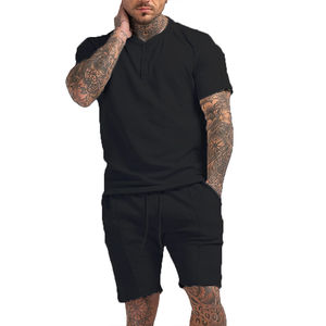 Ensemble de vêtements pour hommes en deux pièces avec logo personnalisé, short et t-shirt en denim délavé pour l'été - Product Image 6