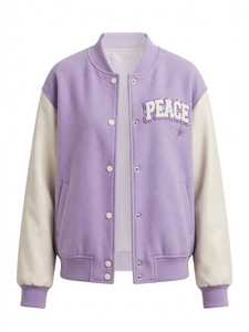 Purple Color Block PU Leather Embroidered Front Logo Windproof Winter Crew Neck Varsity Jacket Unisex Snap <b>Button</b> PEACE Patch - Product Image 1