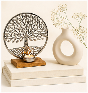 Handcrafted Silver Tree Of Life Tealight Candle Holder With Rustic Wooden Base Elegant Metal Tree Branch Candle <b>Stand</b> For Home - Product Image 2