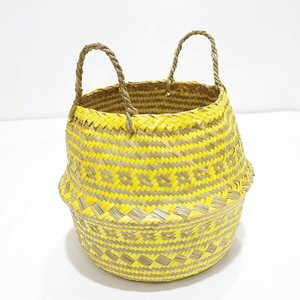 New Design Circle Durable Palm Leaf Belly <b>Basket</b> Yellow Woven Storage Bin <b>Foldable</b> with Handle - Product Image 5
