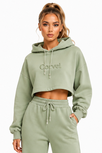 Ensemble de survêtement athleisure pour femme, coupe ample, en molleton de coton épais, avec sweat à capuche court et pantalon de survêtement à revers, brodé ton sur ton personnalisé - Product Image 4