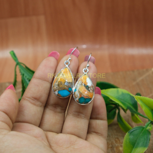 Pendientes Colgantes Hechos a Mano de Plata de Ley 925 con Gema de Turquesa de Ostra Espinosa Multicolor Natural en Forma de Pera, Estilo Bohemio Étnico - Product Image 2