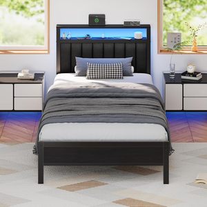 Base de Cama Metálica Tamaño Individual con Cabecera con Almacenamiento, Luces LED y Estación de Carga, Muebles de Dormitorio Modernos en Negro, OEM/ODM - Product Image 6