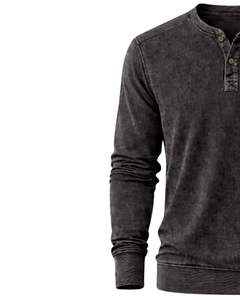 Sudadera Henley de Manga Larga para Hombre, Lavado Ácido, Color Negro, Estilo Casual con Botones y Bolsillo, Prenda de Invierno, Algodón, Corte Ajustado - Product Image 3
