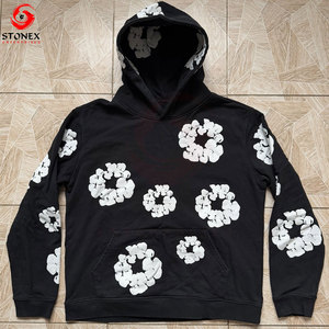 Sudadera con Capucha Negra Personalizada de Alta Calidad para Hombre con Estampado Floral Blanco, Sudadera con Capucha de Algodón y Felpa, Venta al Por Mayor OEM - Product Image 1