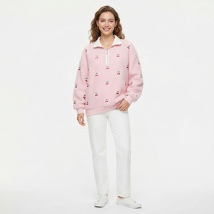 Sudadera de Forro Polar Rosa para Mujer con Cierre de Cremallera, Cuello Alto, Manga Larga, Estilo Casual para Otoño, con Estampado de Letras y Diseño Bordado en la Parte Delantera - Product Image 4