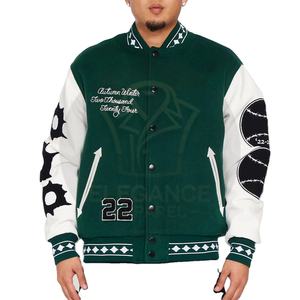 แจ็กเก็ตทีมเบสบอลมหาวิทยาลัยสำหรับผู้ชายเสื้อสีเขียวตัดกันสีเขียวเป็นมิตรต่อสิ่งแวดล้อมออกแบบได้ตามต้องการสำหรับฤดูใบไม้ร่วง - Product Image 2