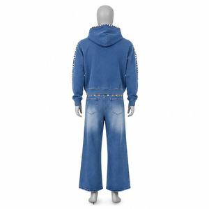 Custom Unisex Washed Denim Style Hoodie and Wide Leg Pants Tracksuit Set with Colorful <b>Rhinestone</b> Studs - Product Image 2