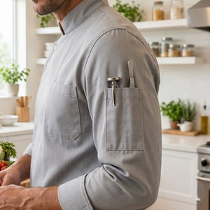 Uniforme de Chef con Logotipo Personalizado en Relieve, Manga Larga, Cuello Mao, Transpirable, Tejido Suave TR Spandex, Cierre de Botones, para Restaurante y Bar - Product Image 4