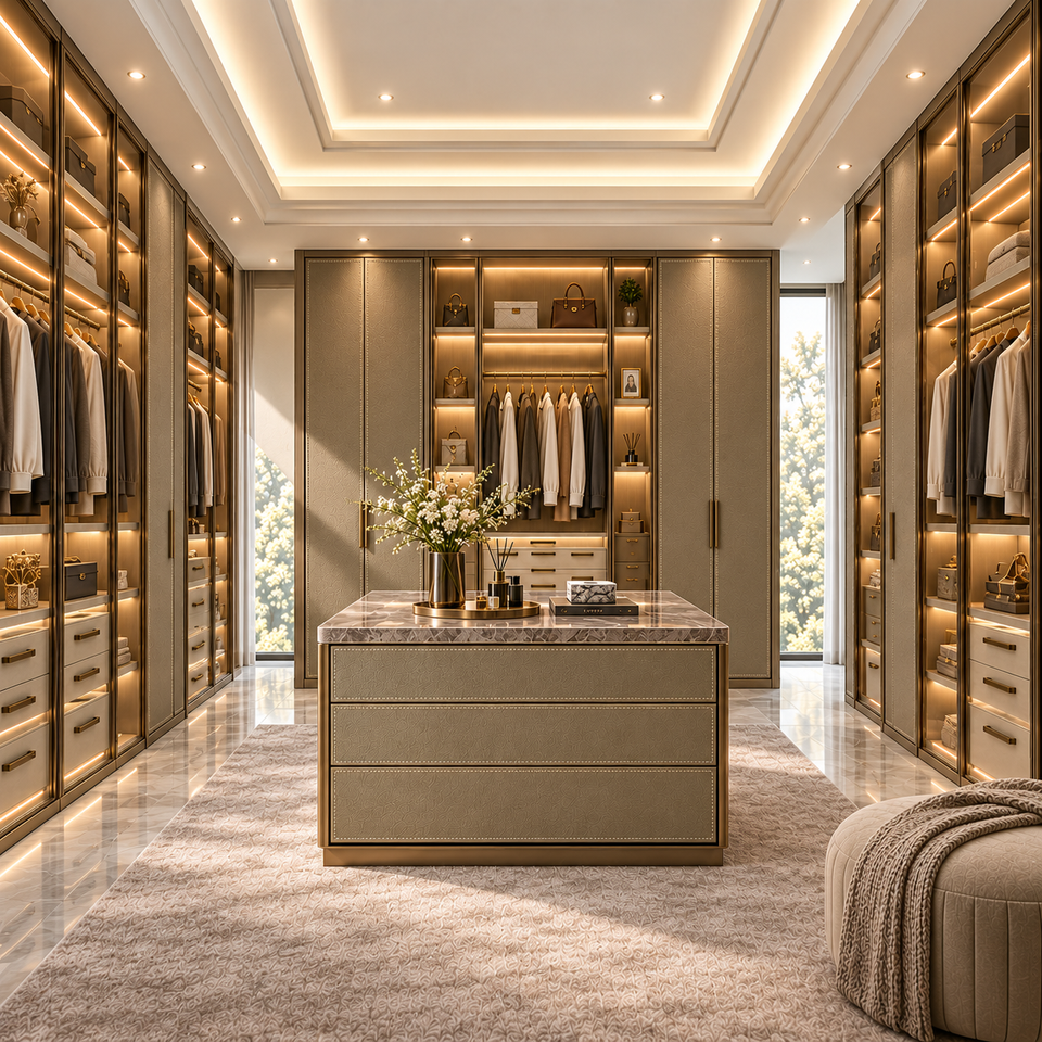 Premium Leather Walk in Closet Wardrobe System Glass Display LED ...
