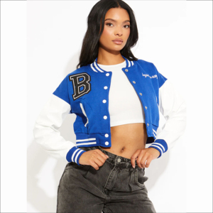 OEM Women's Cropped Varsity Baseball Jacket Premium Quality Original Leather Sleeves Y2K Street Style Bomber Printed Fabric - Product Image 6