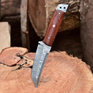Couteau Tanto à lame fixe en acier Damas Mortal Saga de qualité industrielle OEM, manche en bois de rose, fourreau de transport Scout, lame pleine longueur, pour Bushcraft et Chasse - Product Image 6