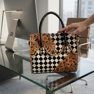 2026 New Arrival High Women's 100% Genuine <b>Leather</b> Tote Bag Floral <b>Tooled</b> Pattern Vintage Style Checkered Design All Seasons Use - Product Image 6