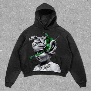 Men's Oversized Crop Hoodie Green <b>Spray</b> Printed Streetwear Cotton French Terry Hooded Sweatshirt with Front Logo Pocket - Product Image 3
