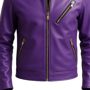 Blouson de motard en cuir violet pour homme, style universitaire, col montant, fermeture éclair, tendance, pour l'automne - Product Image 5