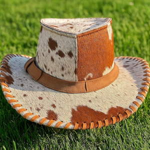 Nouvel Arrivage 2026 – Chapeau de Cowboy Unisexe en Cuir de Vachette à Large Bord, Style Western, Marron et Blanc Patchwork avec Bande en Cuir pour Extérieur OEM/ODM - Product Image 6