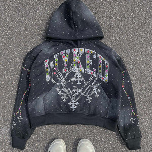 Sweat-shirt à capuche oversize pour homme, style streetwear, avec étoiles en strass et cristaux, 350 GSM, coton et polyester, mode Y2K - Product Image 1