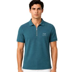 Polo pour homme personnalisé bleu sarcelle en maille gaufrée à col zippé, respirant, à manches courtes, décontracté, pour le golf et le tennis, haut de performance - Product Image 1