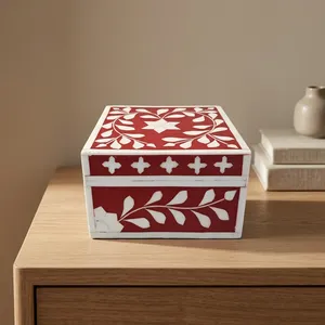 Caja de Joyería de Madera Floral Hecha a Mano con Incrustaciones de Hueso, Organizador de Baratijas con Tapa Cuadrada, Estuche de Almacenamiento Decorativo para el Hogar, Caja de Regalo - Product Image 6