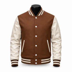 Chaqueta Varsity Personalizada de Lana Marrón con Mangas de Cuero PU Blanco, Resistente al Viento, Ecológica, Unisex, Diseño Invernal, Fabricante Mayorista OEM - Product Image 1