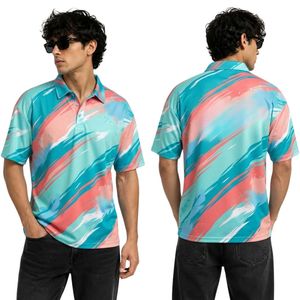 เสื้อโปโลสีเขียวอมฟ้าลายทางเฉียงสีชมพู เนื้อผ้านุ่ม ระบายอากาศได้ดี ซับเหงื่อ น้ำหนักเบา สวมใส่สบาย เหมาะสำหรับเล่นกอล์ฟ เสื้อโปโลผู้ชาย - Product Image 1