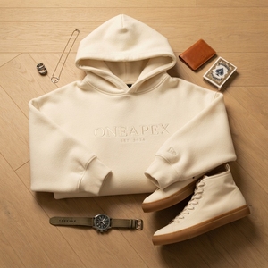 Sweat-shirt à capuche brodé beige pour homme en molleton de coton premium, style streetwear, avec logo personnalisé, vente en gros, tendance - Product Image 2
