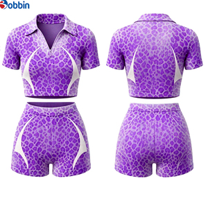 Conjunto Deportivo de 2 Piezas para Mujer con Estampado de Leopardo, Pantalones Cortos y Camiseta de Manga Corta con Cierre y Cuello Camisero, Transpirable, Tejido de Spandex y Poliéster, para Primavera - Product Image 3