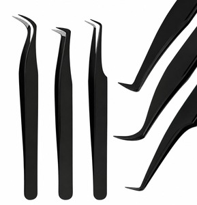 Ensemble de 3 pinces à cils noires en acier inoxydable, pointes courbées et droites de précision, outils de beauté pour l'extension et l'isolation des cils - Product Image 1