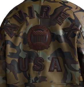 Avirex Camouflage Bomber <b>Jacket</b> Turn-down Collar Zipper Front Patch Design Regular Fit Casual Style Teal <b>Leather</b> Fusion of Depth - Product Image 3