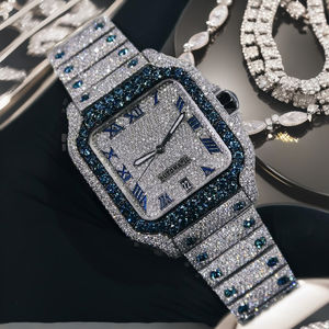 Iced Out Blue Diamond Bezel <b>Watch</b> Square Automatic <b>Mechanical</b> <b>Watch</b> with Blue Roman Numerals Full Bling Luxury Hip Hop Jewelry - Product Image 5