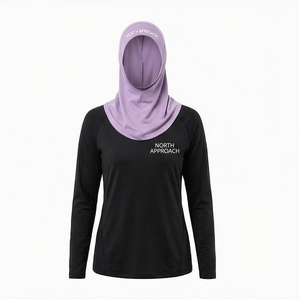North Approach Women's Long Sleeve Yoga Top With <b>Hijab</b> Solid Black And Purple Breathable Sportswear - Product Image 1
