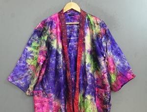 Robe Kimono en Soie Tie-Dye pour Femme, Style Vintage, avec Cordon de Serrage, Grande Taille, Imprimé Floral, Coupe Ample, Idéale pour l'Été - Product Image 1
