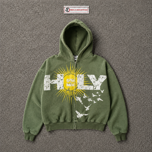 เสื้อฮู้ดซิปสีเขียวลายกราฟิก Holy Sun Bird ทรงโอเวอร์ไซส์ สไตล์วินเทจ สตรีทแวร์ พิมพ์ลายแบบดิสเทรส เสื้อฮู้ดลำลองสำหรับทุกเพศ สไตล์คนเมือง - Product Image 5