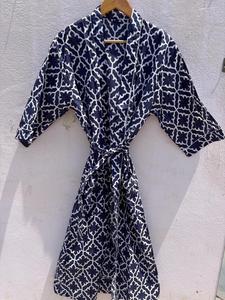 Bata Kimono de Algodón para Mujer, Azul con Estampado de Bloques, Hecha a Mano, Estilo Boho, para Descansar, Dormir o Regalo - Product Image 5
