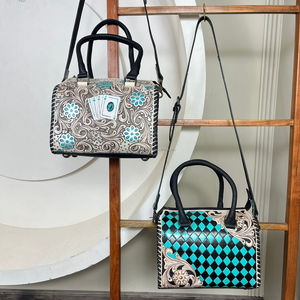 2025 Venta al por mayor de cuero personalizado a mano turquesa a cuadros Speedy Duffle Bag Floral tallado cuero de vaca genuino para mujeres - Product Image 5