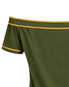 T-shirt vert olive pour femme, épaules dénudées, avec bordure contrastante moutarde, manches courtes, coupe ajustée, décontracté, haut d'été, fabricant - Product Image 5