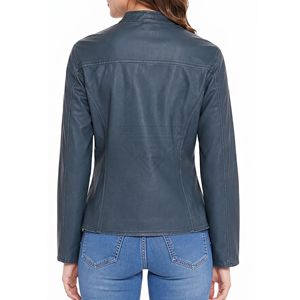 Chaqueta de Cuero Azul con Cierre Completo, Cuello Alto, Silueta Ajustada, Transpirable, Informal, de Invierno, Chaquetas de Cuero Genuino - Product Image 2