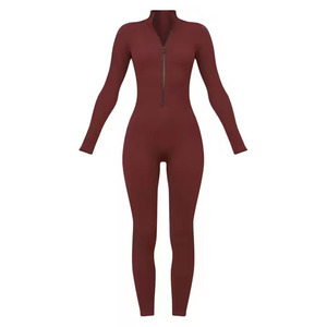 Combinaison moulante à manches longues et fermeture éclair pour femme, taille haute, couleur unie, coupe ajustée, longueur intégrale, col en V, effet ventre plat, style streetwear - Product Image 5