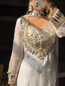 Young Exports White Embroidered Silk Indian Traditional Stitched Salwar Kameez Set Dupatta Mirror Work Women Ethnic Wear All - Product Image 4