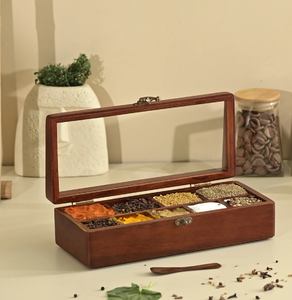 Boîte à épices en bois de manguier, outils pour herbes et épices, boîte à épices en bois à 9 compartiments, forme rectangulaire, couvercle en acrylique, prix avantageux - Product Image 1
