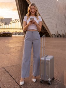 Pantalon large rayé en Lycra à taille haute, semi-élastique, coupe ample, tissé, décontracté, pour le bureau, pour femme - Product Image 6