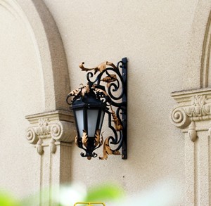 Traditional <b>Iron</b> Design Wall Lamp Gold Accents Glass Shade E26 Bulb Base Outdoor LED Lighting Custom Base 3500K Warm - Product Image 4