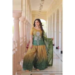 <b>Linen</b> Embroidered Palazzo <b>Set</b> with Silk Dupatta for Women - Product Image 5