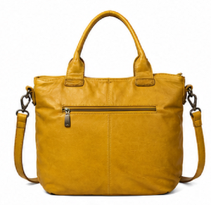 Sac fourre-tout vintage en cuir véritable pour femme, grand sac à main à bandoulière, sangle réglable, fermeture éclair, prêt pour la plage, jaune moutarde - Product Image 5