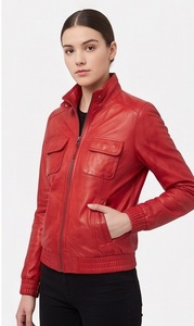 Blouson Bomber Femme en Cuir de Mouton Rouge avec Ourlet Côtelé, Fermeture Éclair Intégrale, Coupe-Vent, Écologique, Vêtement d'Extérieur Utilitaire d'Hiver – Vente en Gros - Product Image 2